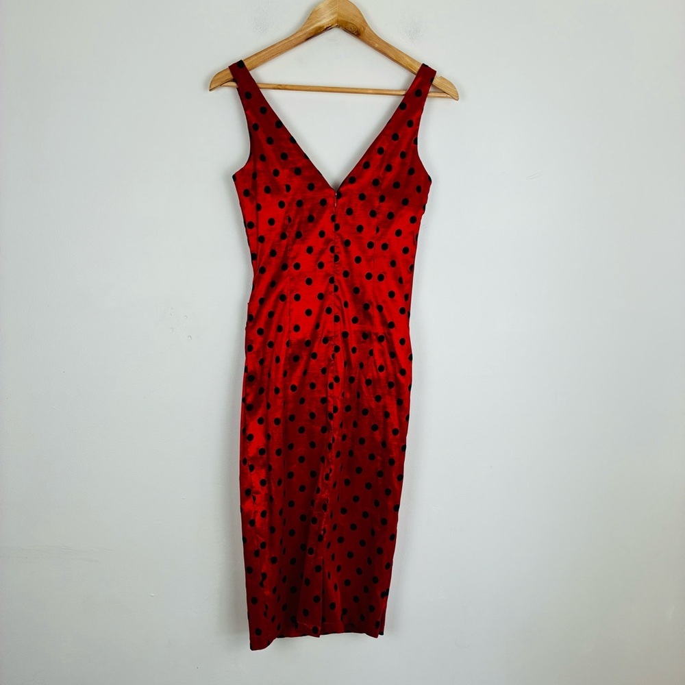 Voodoo Vixen red stretch satin black polka dot retro pin up wiggle midi dress. M - Picture 5 of 7